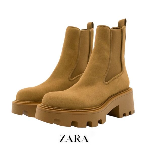 ZARA | Brown | SPLIT LEATHER LUG SOLED ANKLE BOOTS - Picture 1 of 11